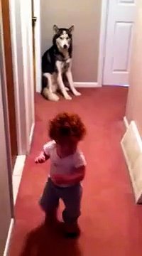 A baby snuggles up to his dog when he hears the vacuum cleaner